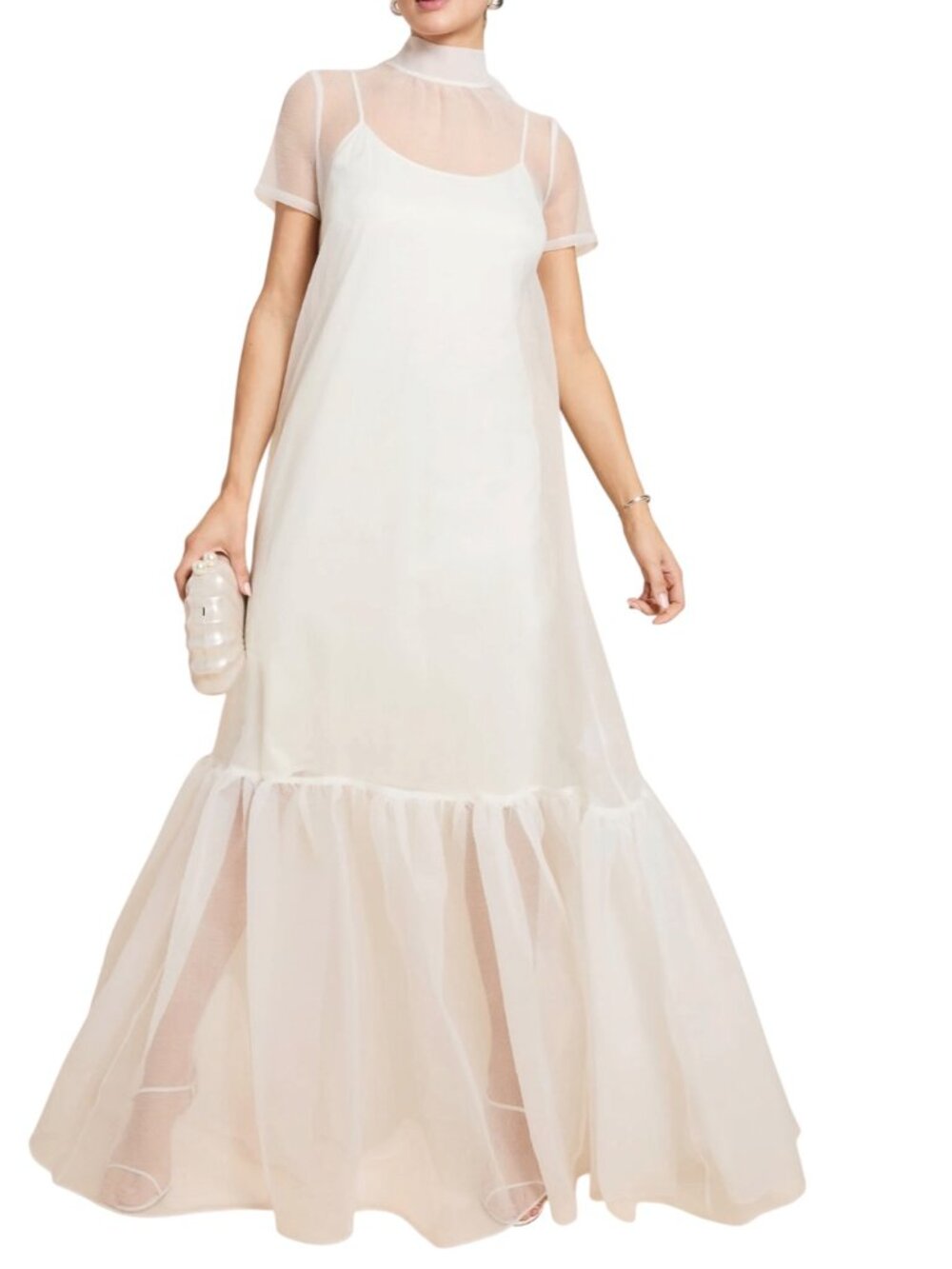 Caara Melody Sheer Maxi Dress Cream White Mock Neck NWT M